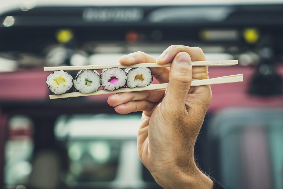 sushi photo with chopsticks hand feature